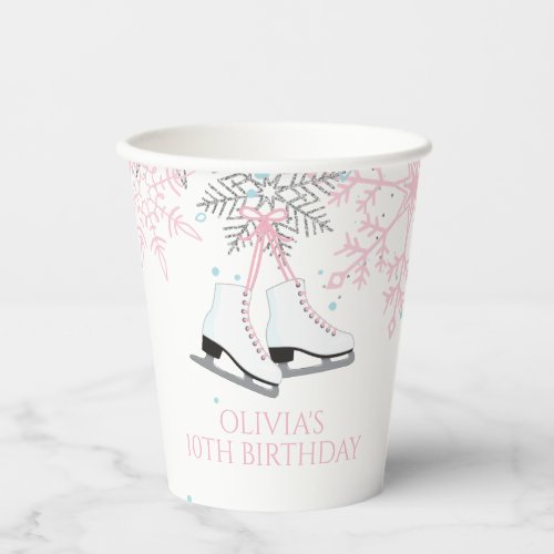 Ice Skating Blue Pink Snowflakes Birthday Paper Cups