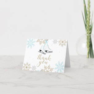Ice Skating Blue Silver Gold Snowflakes Birthday Letterpress Thank You Card