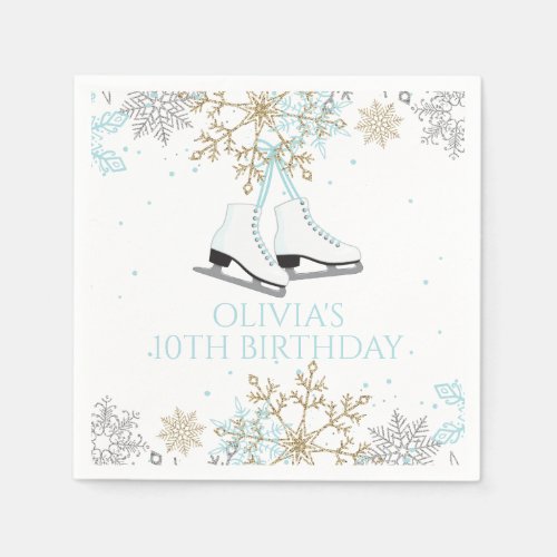 Ice Skating Blue Silver Gold Snowflakes Birthday Napkins