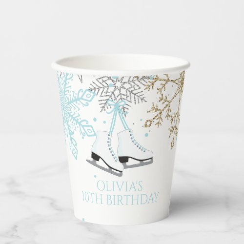 Ice Skating Blue Silver Gold Snowflakes Birthday Paper Cups