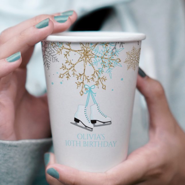 Ice Skating Blue Silver Gold Snowflakes Birthday Paper Cups (Creator Uploaded)