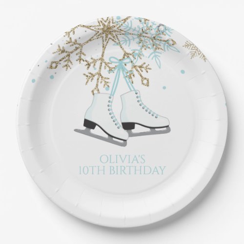Ice Skating Blue Silver Gold Snowflakes Birthday Paper Plates