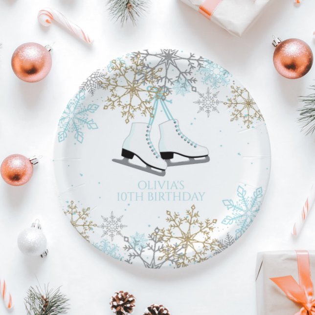Ice Skating Blue Silver Gold Snowflakes Birthday Paper Plates (Creator Uploaded)