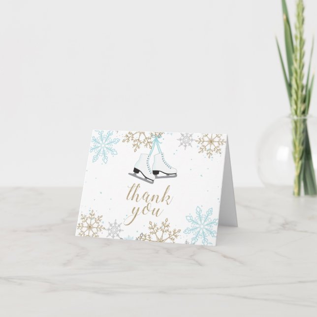 Ice Skating Blue Silver Gold Snowflakes Birthday Thank You Card (Front)