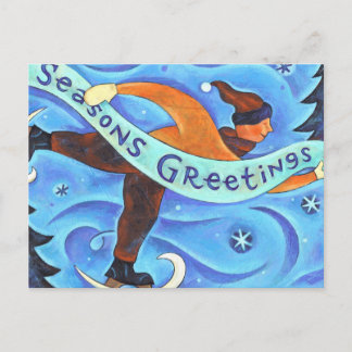 Ice Skating Boy in Blue Season's Greetings Winter Holiday Postcard