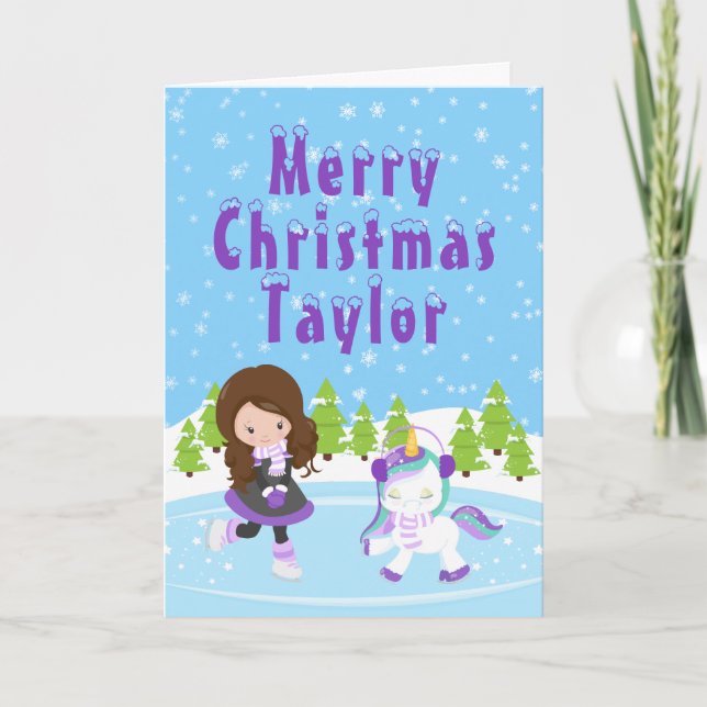 Ice Skating Brown Hair Girl Merry Christmas Holida Holiday Card (Front)