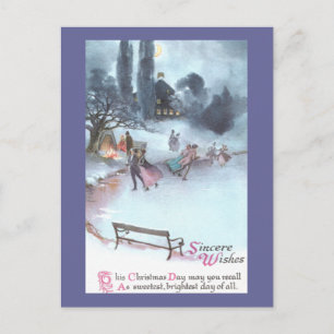 Ice Skating by Moonlight Vintage Christmas Holiday Postcard