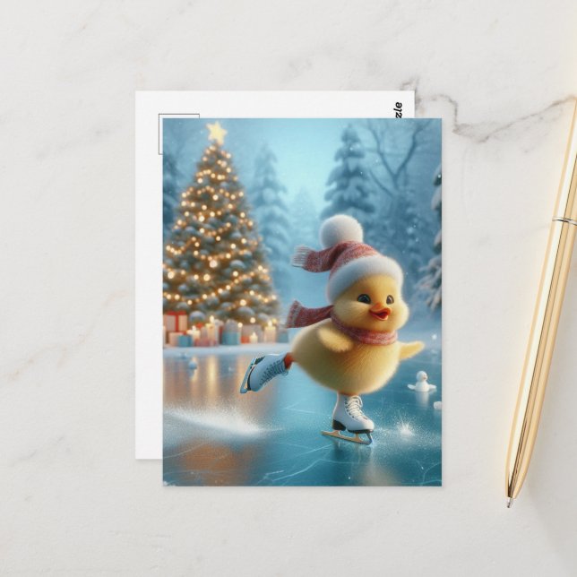 Ice Skating Christmas Duckling Postcard (Front/Back In Situ)
