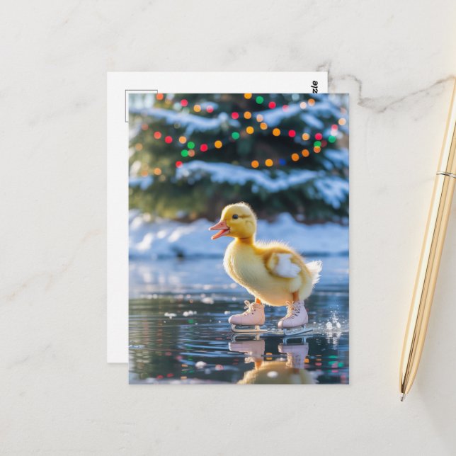 Ice Skating Christmas Duckling Postcard (Front/Back In Situ)