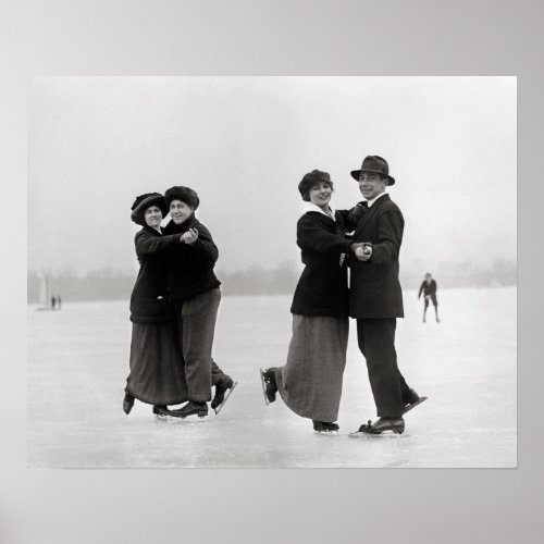 Ice Skating Couples 1915 Vintage Winter Photo Poster