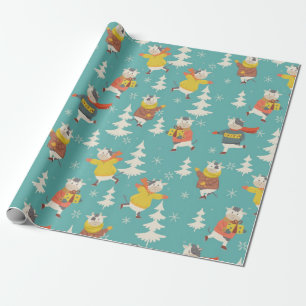 Ice Skating Cows Christmas Pattern Wrapping Paper