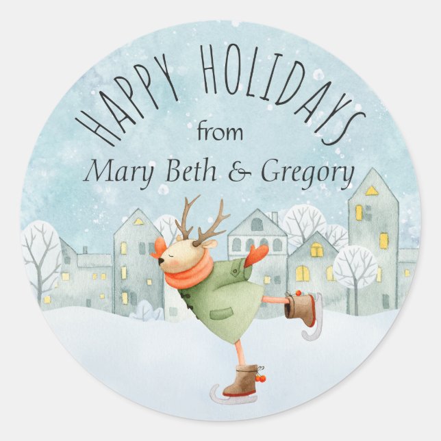 Ice Skating Deer Happy Holidays Classic Round Sticker (Front)