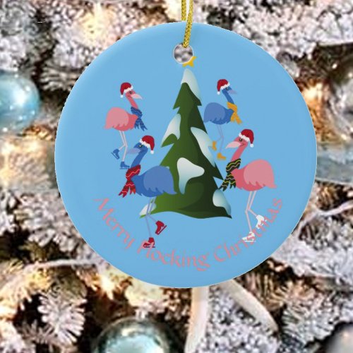 Ice Skating Flamingos Christmas Illustration Photo Ceramic Ornament