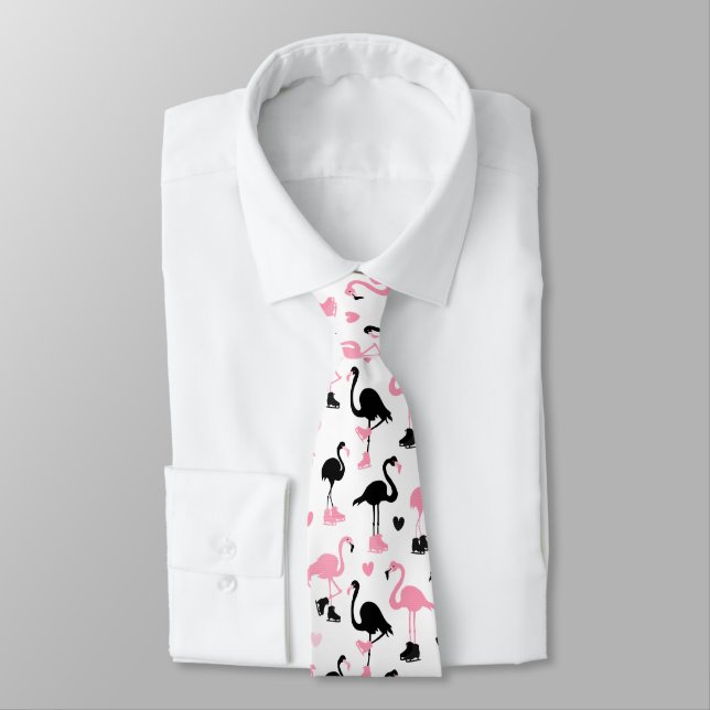 Ice Skating Flamingos Neck Tie (Tied)