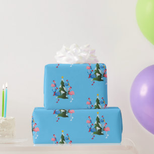 Ice Skating Flamingos with Santa Hats Christmas Wrapping Paper