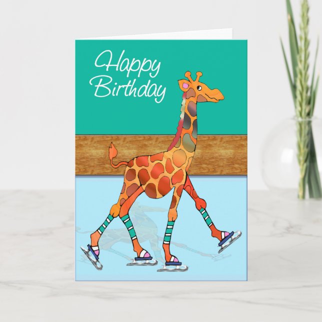 Ice Skating Giraffe at the Rink Birthday Card (Front)