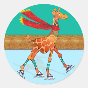 Ice Skating Giraffe with Scarf at the Rink Classic Round Sticker