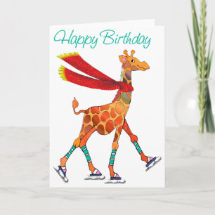 Ice Skating Giraffe with Scarf Birthday Card