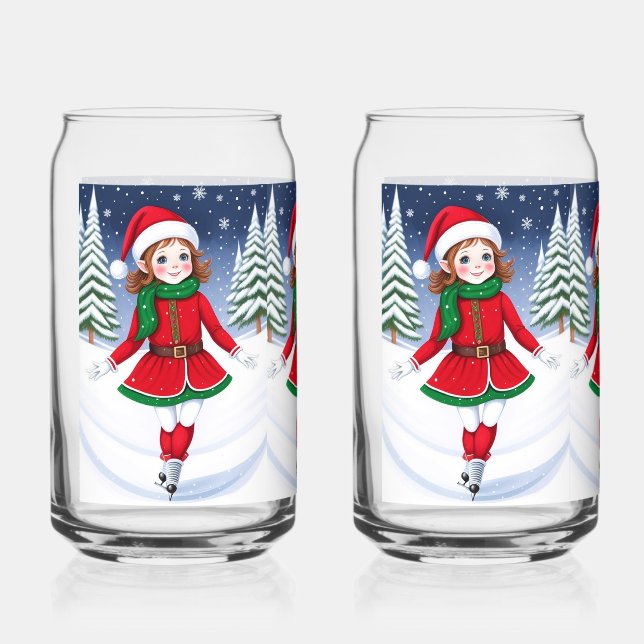 Ice Skating Girl Elf Drinkware Set Can Glass (Front)