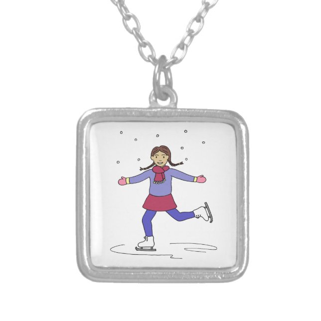 Ice Skating Girl Figure Skater Silver Plated Necklace (Front)