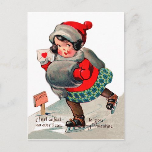 Ice skating girl with love letter St Valentines Postcard