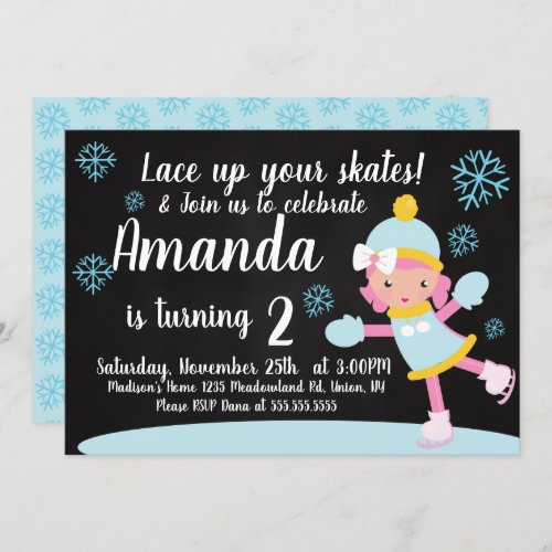 Ice Skating Girls Birthday Blue Snowflakes Party Invitation