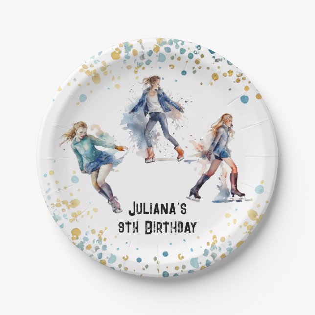 Ice-Skating Girls Winter Birthday Party Paper Plates (Front)