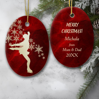 Ice Skating Gold Snowflakes On Red Ceramic Ornament by Westerngirl2 at Zazzle