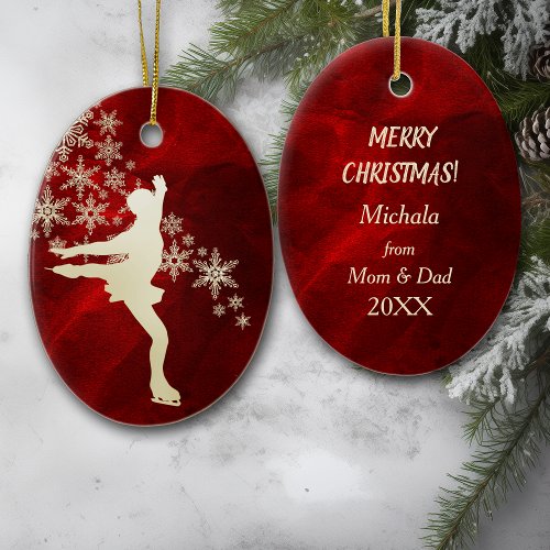 Ice Skating Gold Snowflakes on Red Ceramic Ornament