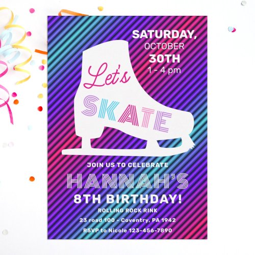 Ice Skating Neon Glow Girls Birthday Party Invitation
