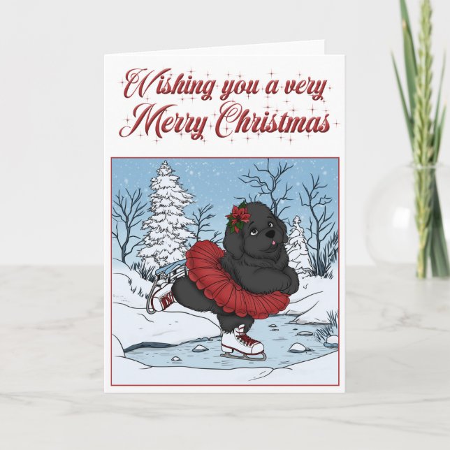 Ice Skating Newfoundland Puppy Dog Merry Christmas Holiday Card (Front)