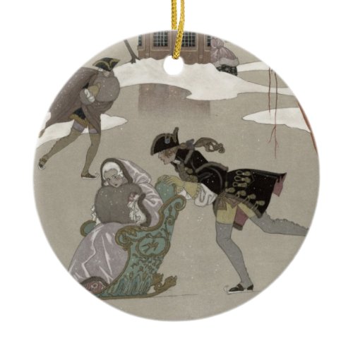 Ice Skating on the Frozen Lake,  illustration for Ceramic Ornament