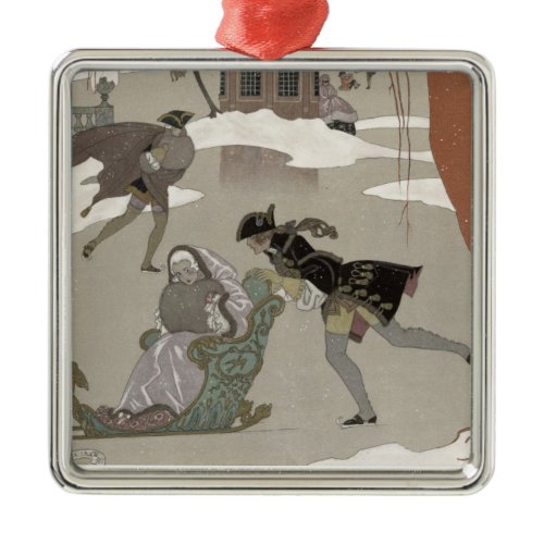 Ice Skating on the Frozen Lake,  illustration for Metal Ornament