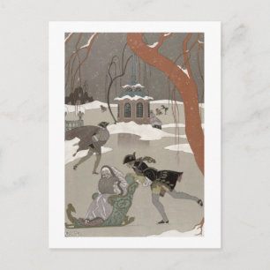 Ice Skating on the Frozen Lake,  illustration for Postcard