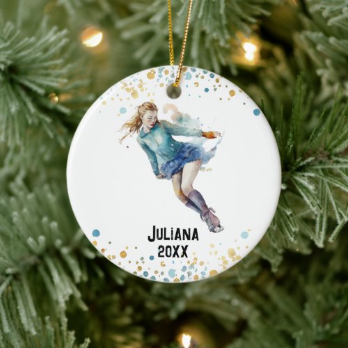 Ice-Skating Ornament, Ice Hockey Girls Christmas  Ceramic Ornament