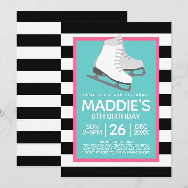 Ice Skating Party Birthday Invitations Tween Teen (Front/Back)