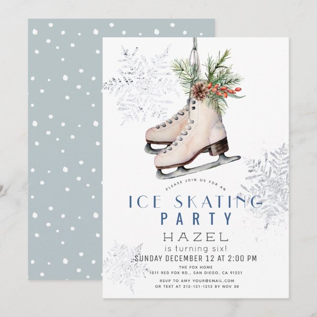 Ice Skating Party Frozen Snowflake White Birthday Invitation (Front/Back)