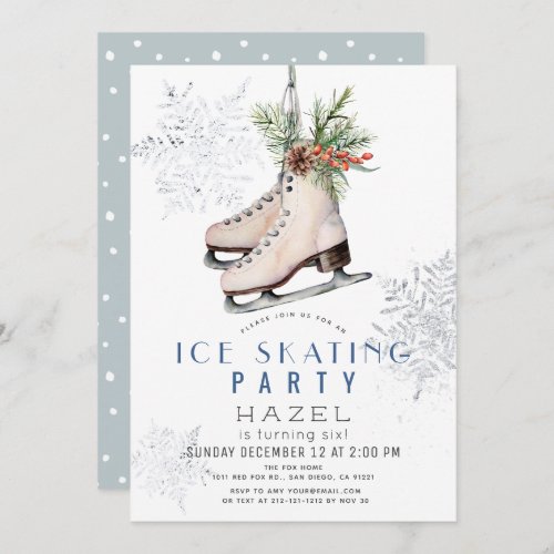 Ice Skating Party Frozen Snowflake White Birthday Invitation