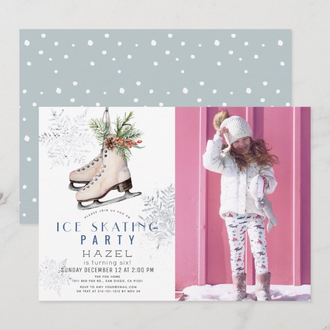 Ice Skating Party Snowflake White Birthday Photo Invitation (Front/Back)