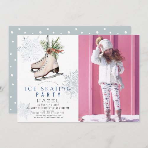 Ice Skating Party Snowflake White Birthday Photo Invitation