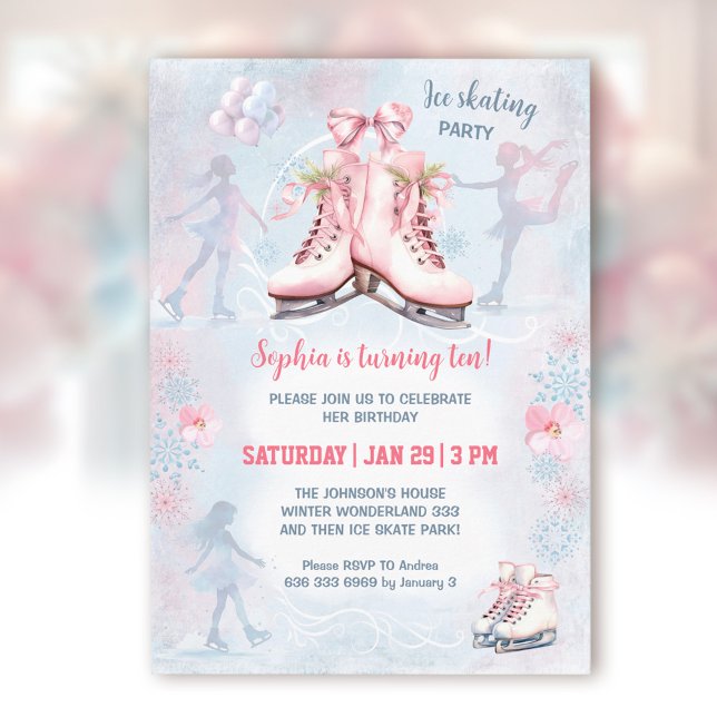 Ice Skating Party Winter Pink Blue Girl Birthday  Invitation (Ice Skating Party Winter Pink Blue Girl Birthday Invitation)