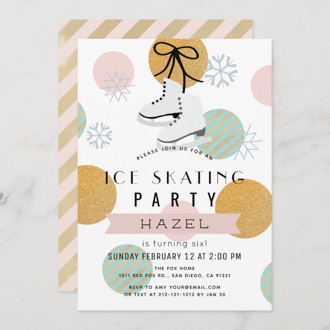 Ice Skating Party Winter Pink Gold Girl Birthday Invitation (Front/Back)