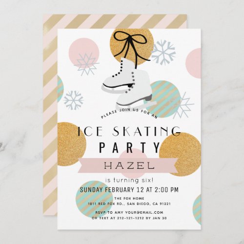 Ice Skating Party Winter Pink Gold Girl Birthday Invitation