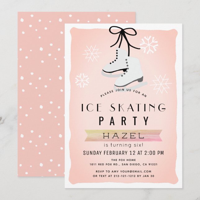 Ice Skating Party Winter Pink Retro Birthday Invitation (Front/Back)