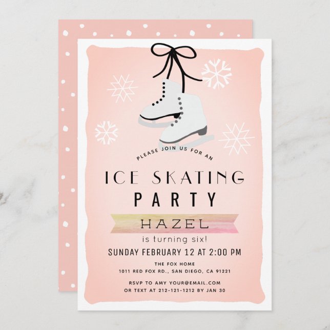 Ice Skating Party Winter Pink Retro Birthday Invitation (Front/Back)
