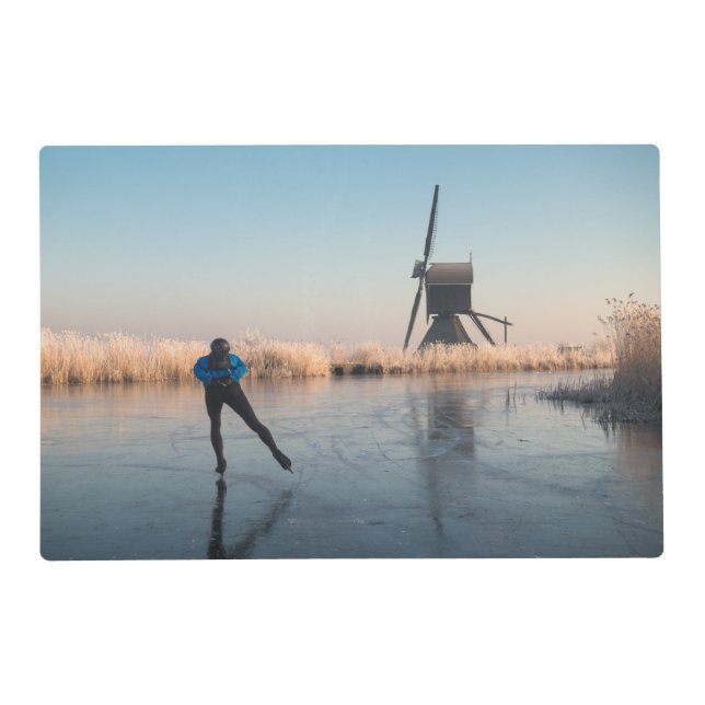 Ice skating past windmill and reeds placemat (Back)