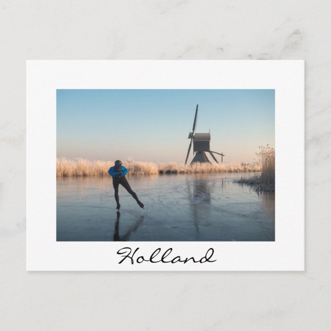 Ice skating past windmill and reeds white postcard (Front)