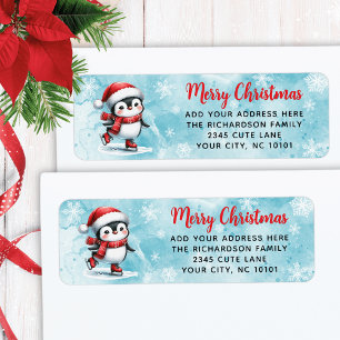 Ice Skating Penguin Blue Red Custom Christmas Label