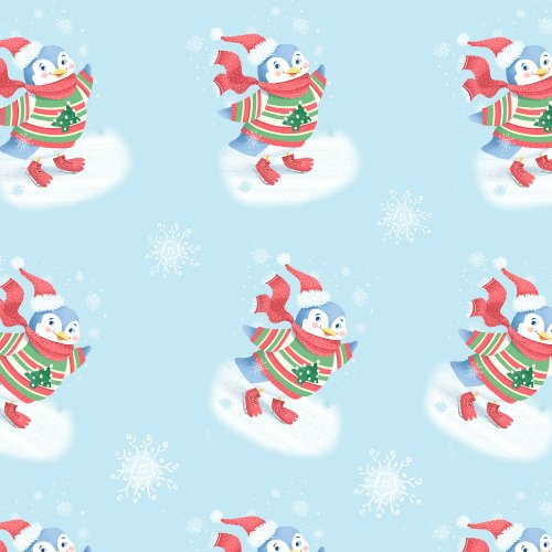  Ice Skating Penguin Blue Wrapping Paper