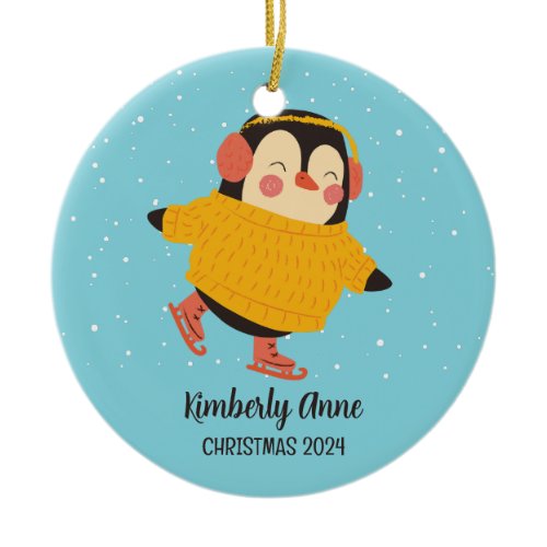 Ice Skating Penguin Christmas Snowy Winter Holiday Ceramic Ornament